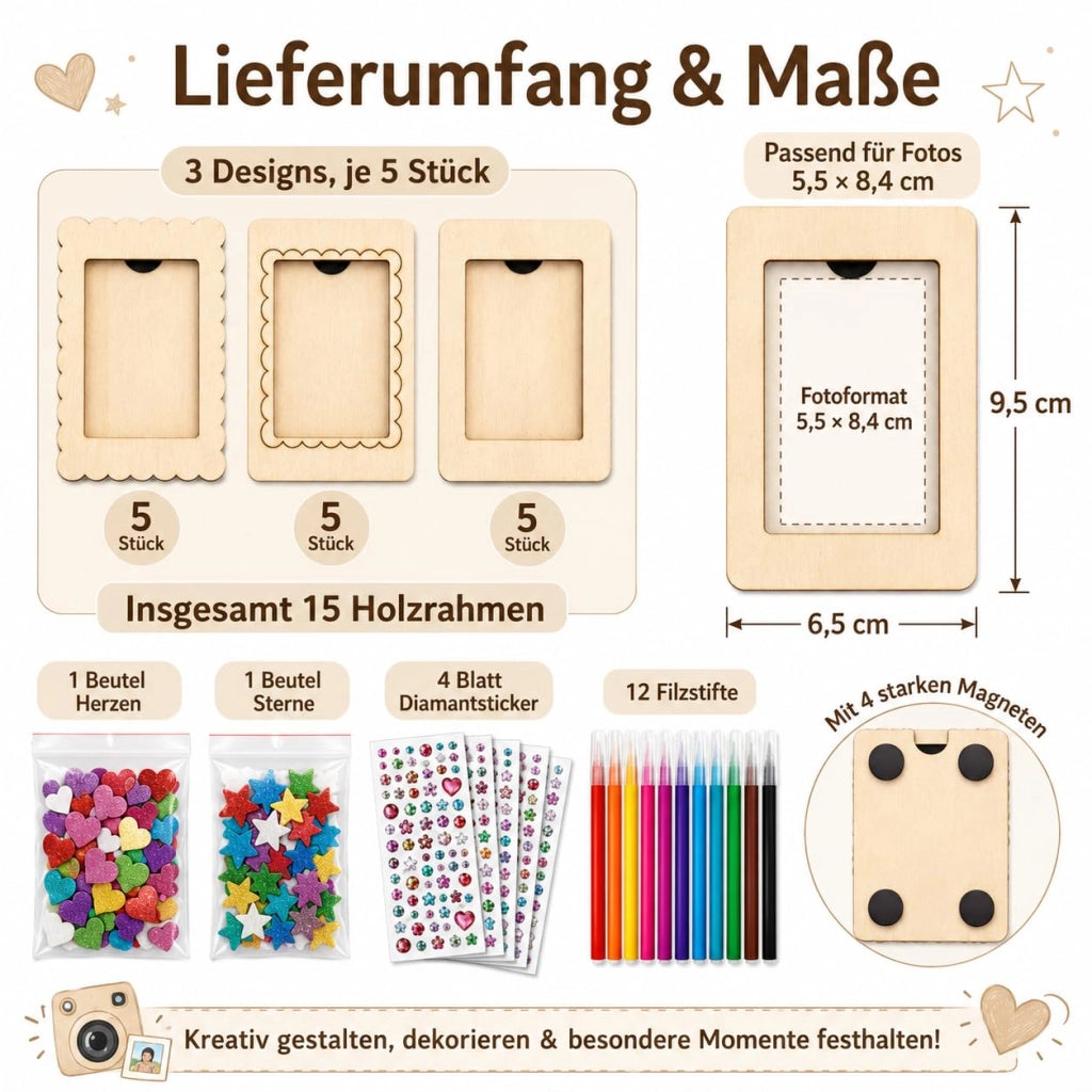 Kit per creare: 15 mini cornici in legno da dipingere, con supporto magnetico