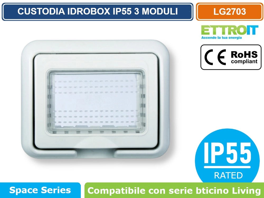 ETTROIT LG2703 PLACCA COPERTURA STAGNA 3M IDROBOX 3 MODULI GRIGIA IP55 COMPATIBILE SERIE BTICINO LIVING