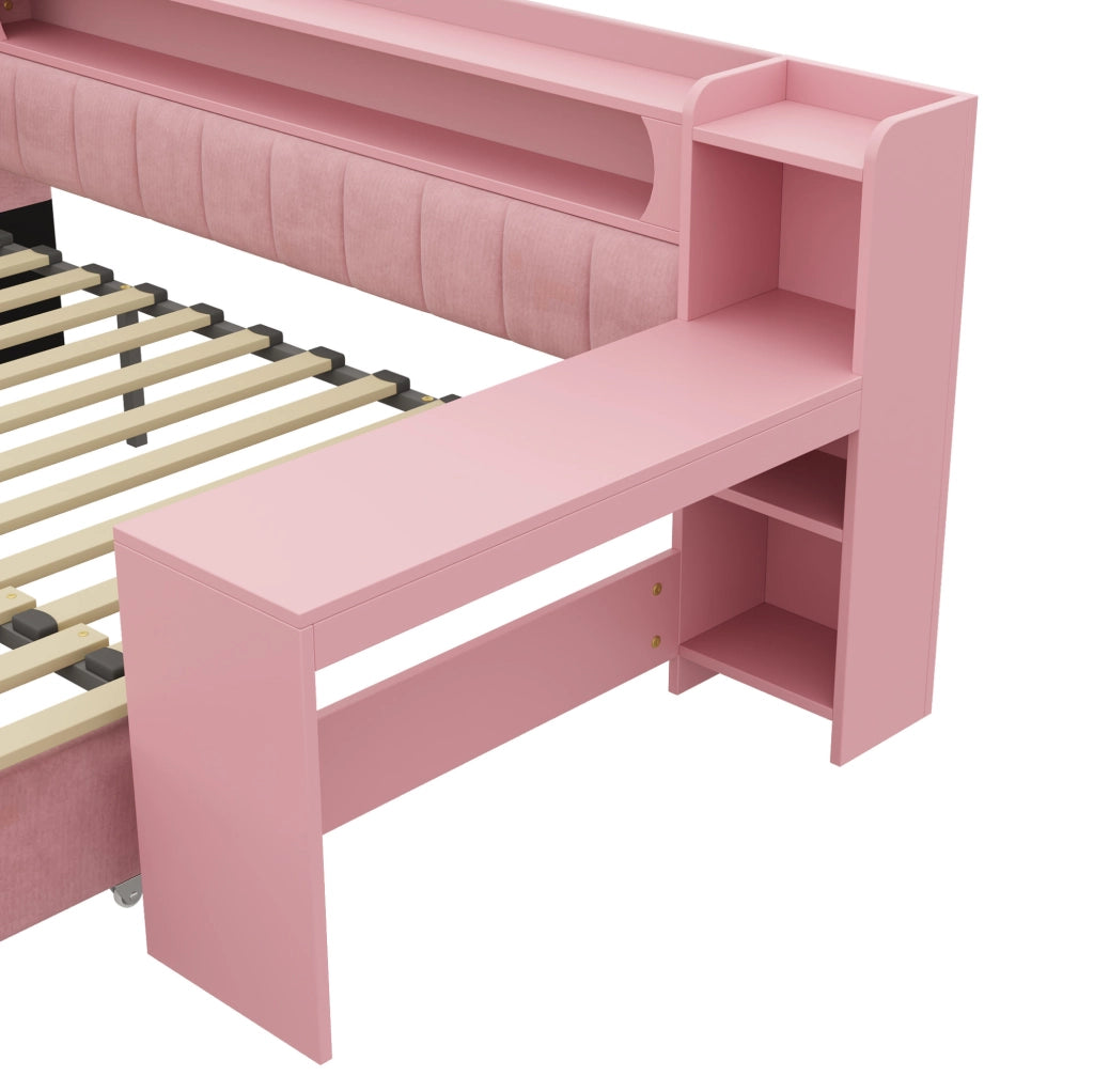 Letto imbottito rosa estensibile con scrivania, luci LED e prese USB