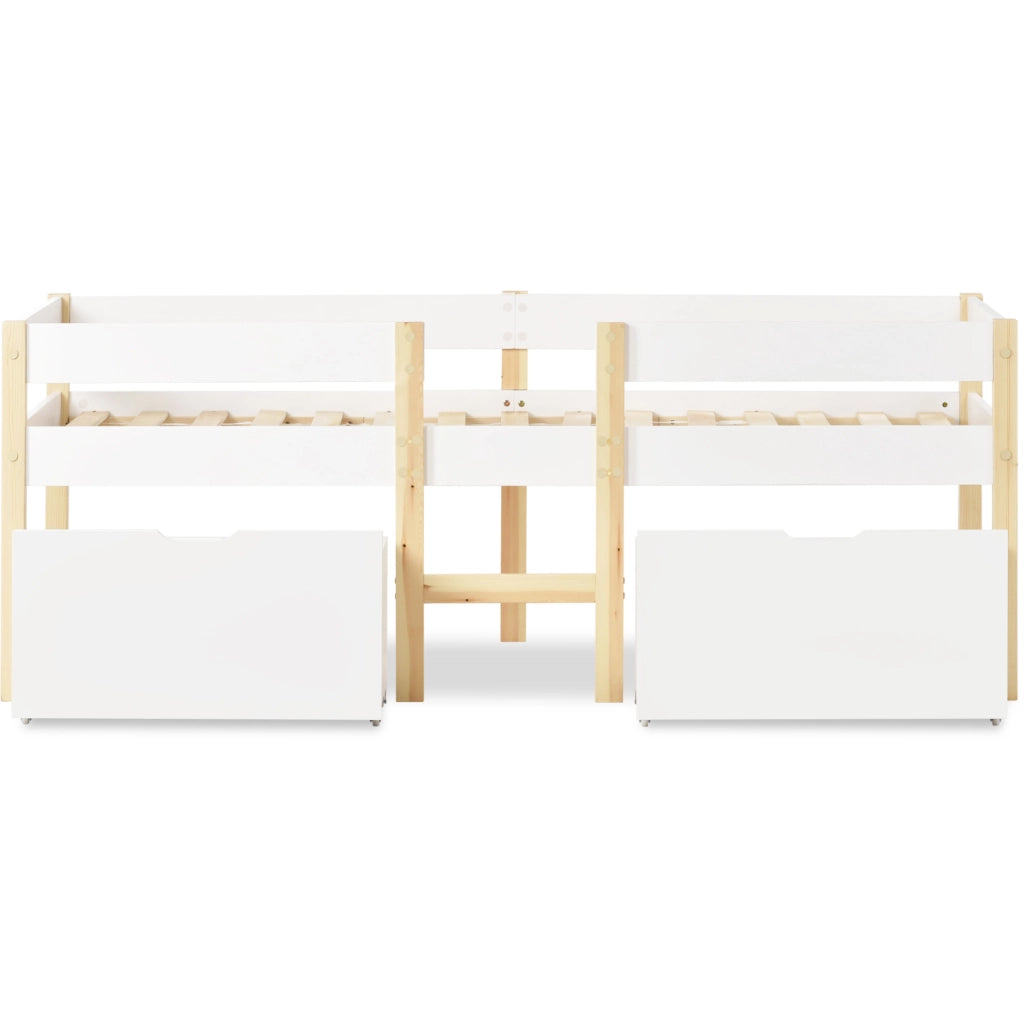 Letto contenitore per bambini 90x190 cm con scala e rete a doghe in legno di pino bianco, senza materasso