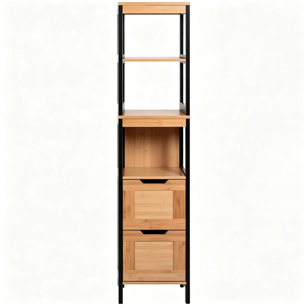 Colonna bagno 30x30x144,3 cm bambù nero, con 2 cassetti