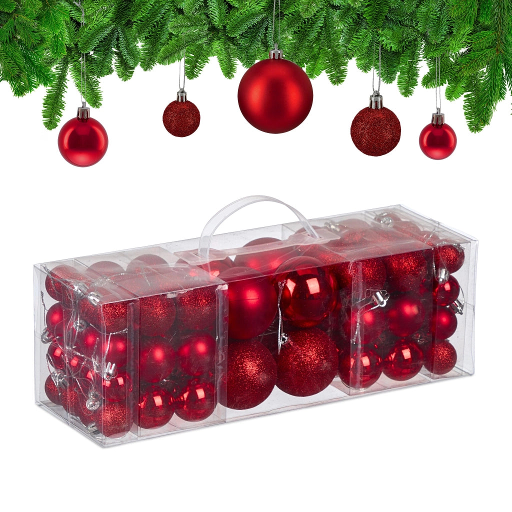 Set di palline natalizie, 76 pezzi, in plastica, glitterate, rosse