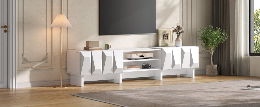 Mobile TV bianco 180 cm con 4 ante, vani aperti e passacavi