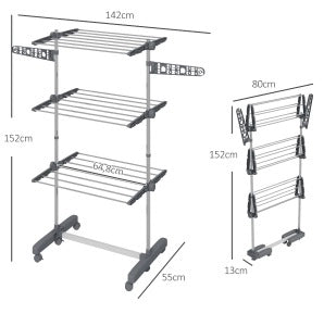 Stendino pieghevole con ruote 142x55x152 cm acciaio grigio, 3 livelli