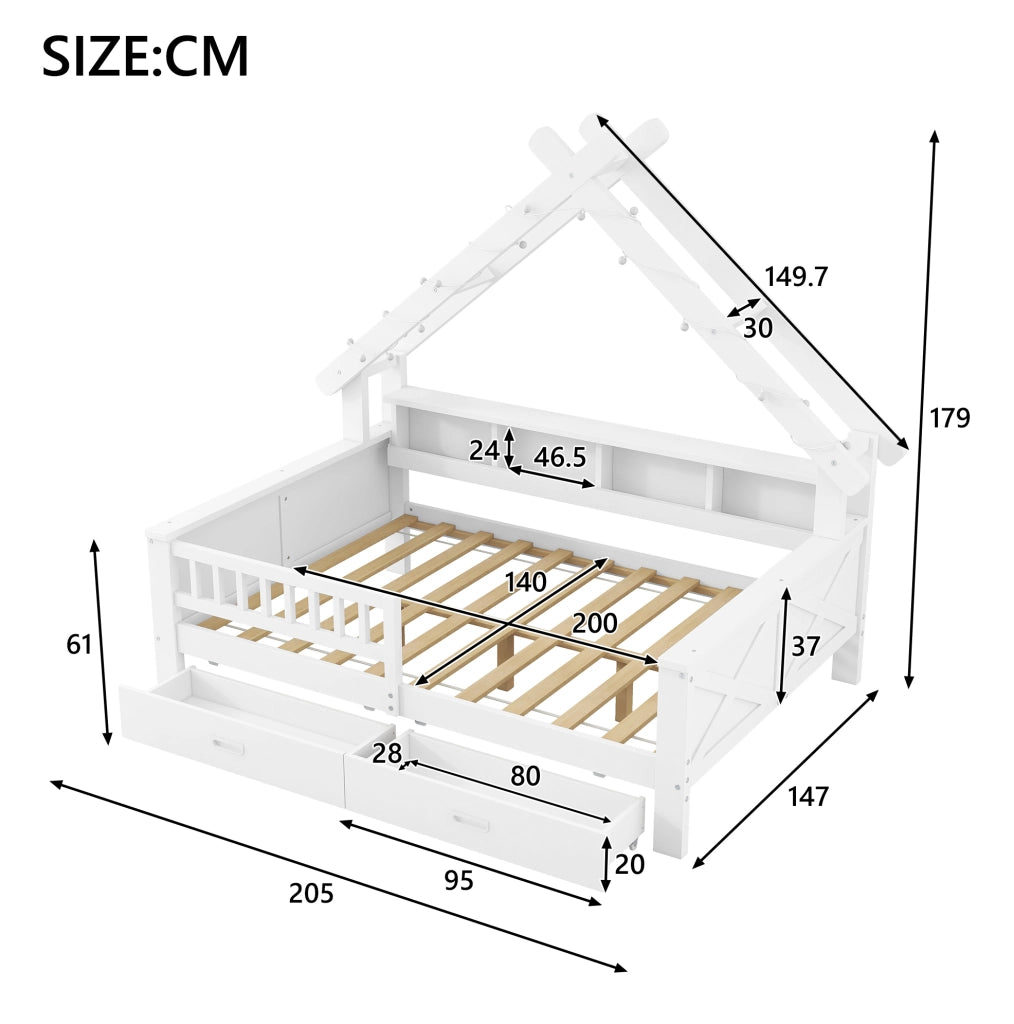LETTO a casetta 140x200 cm bianco con LED, ripiani, 2 cassetti e sponda