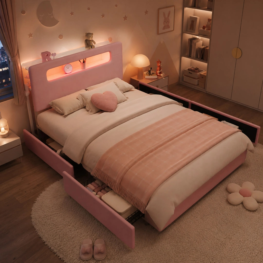 Letto imbottito per bambini 140 x 200 cm rosa con 4 cassetti e LED