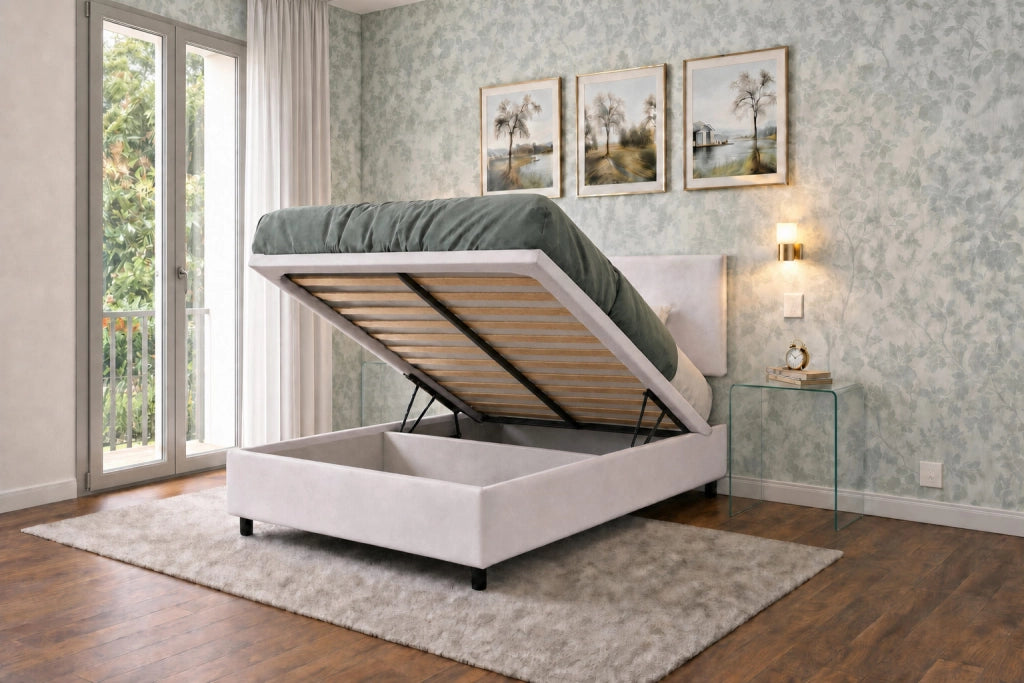 Letto 1 Piazza e Mezza Contenitore Imbottito 120x200 cm Similpelle Bianco Boxmax Testata Flat