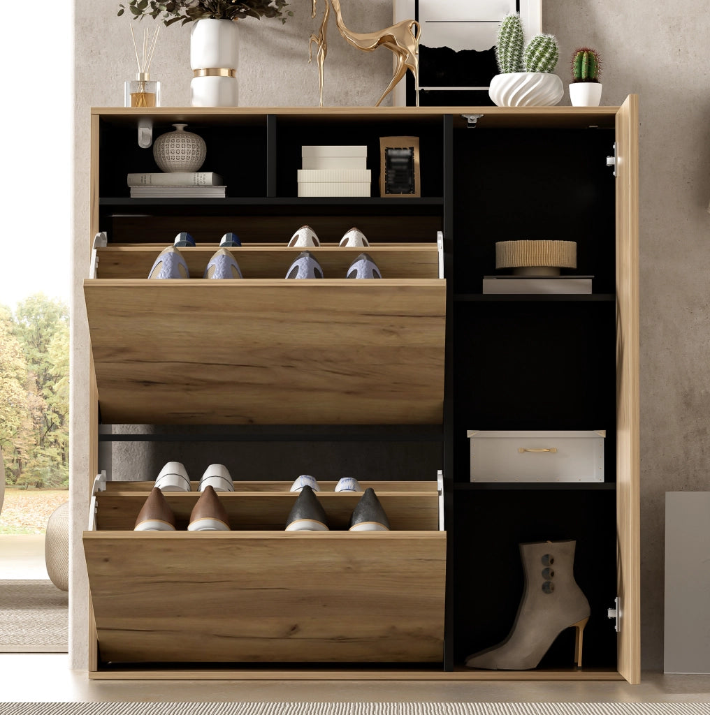 Scarpiera 90x24x94 cm naturale e nera in MDF con 2 ribalte e 1 anta