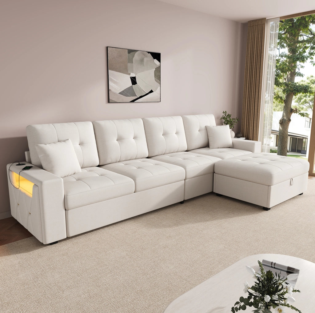 Divano 4 posti 253 cm con pouf contenitore; LED e porte USB/USB-C; beige