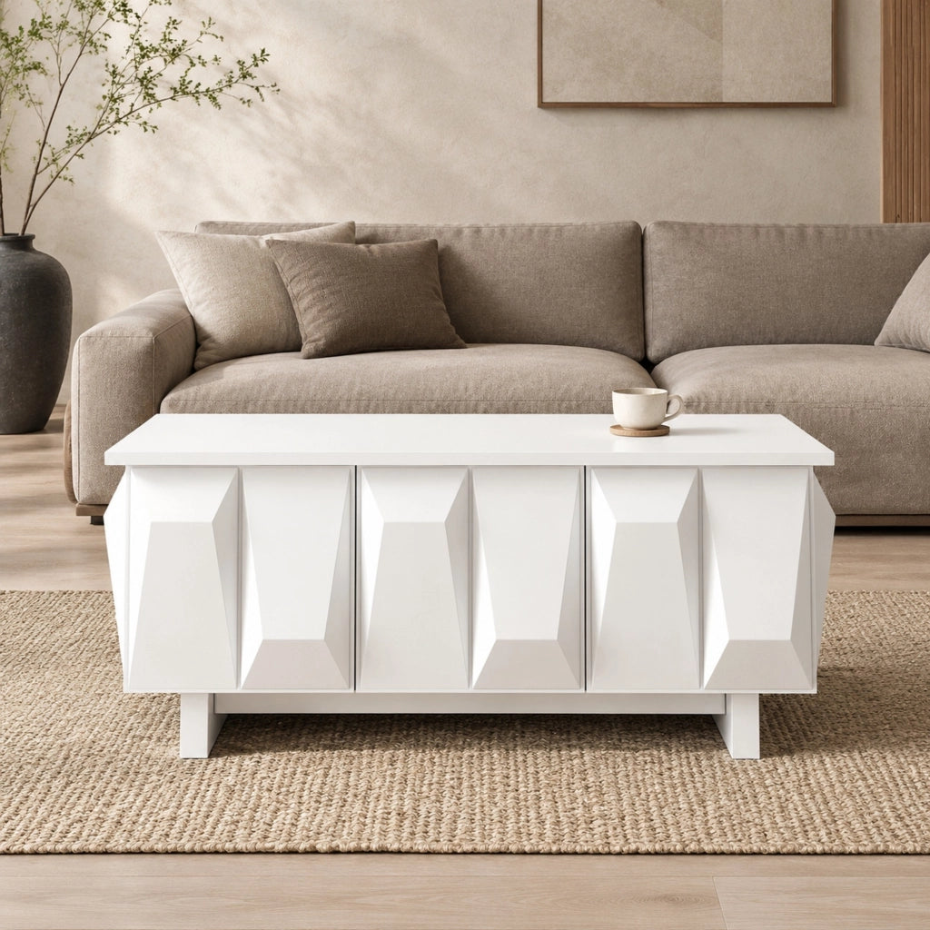 Tavolino da caffè 95x67x39;5 cm con 3 ante e frontali 3D in truciolare; bianco