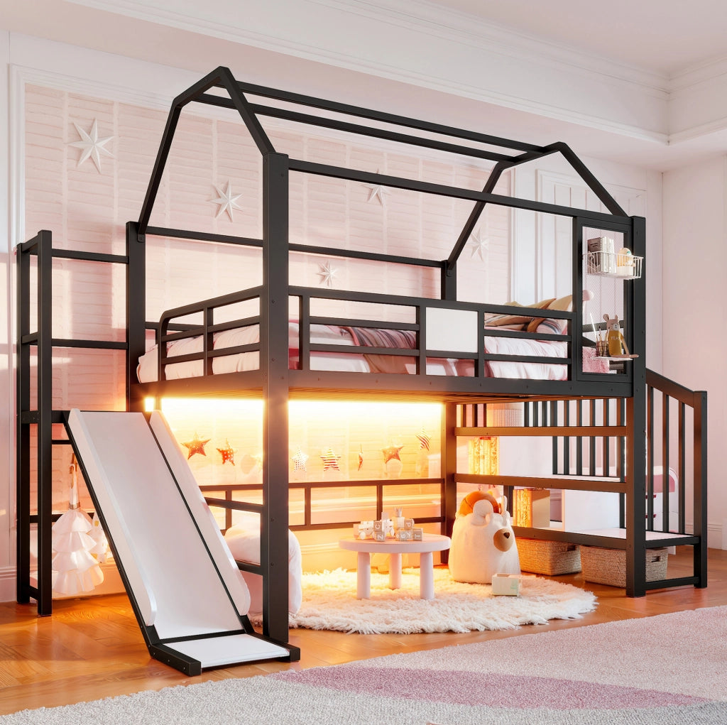 Letto a soppalco per bambini a casetta con scivolo e luci LED, nero, 140 x 200 cm