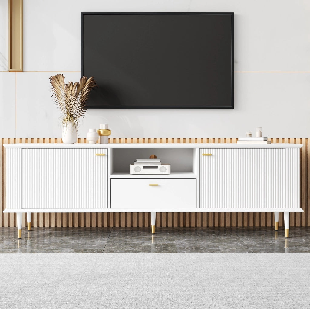 Mobile TV 170x36x54 cm in MDF bianco, contenitori, passacavi e chiusura soft-close