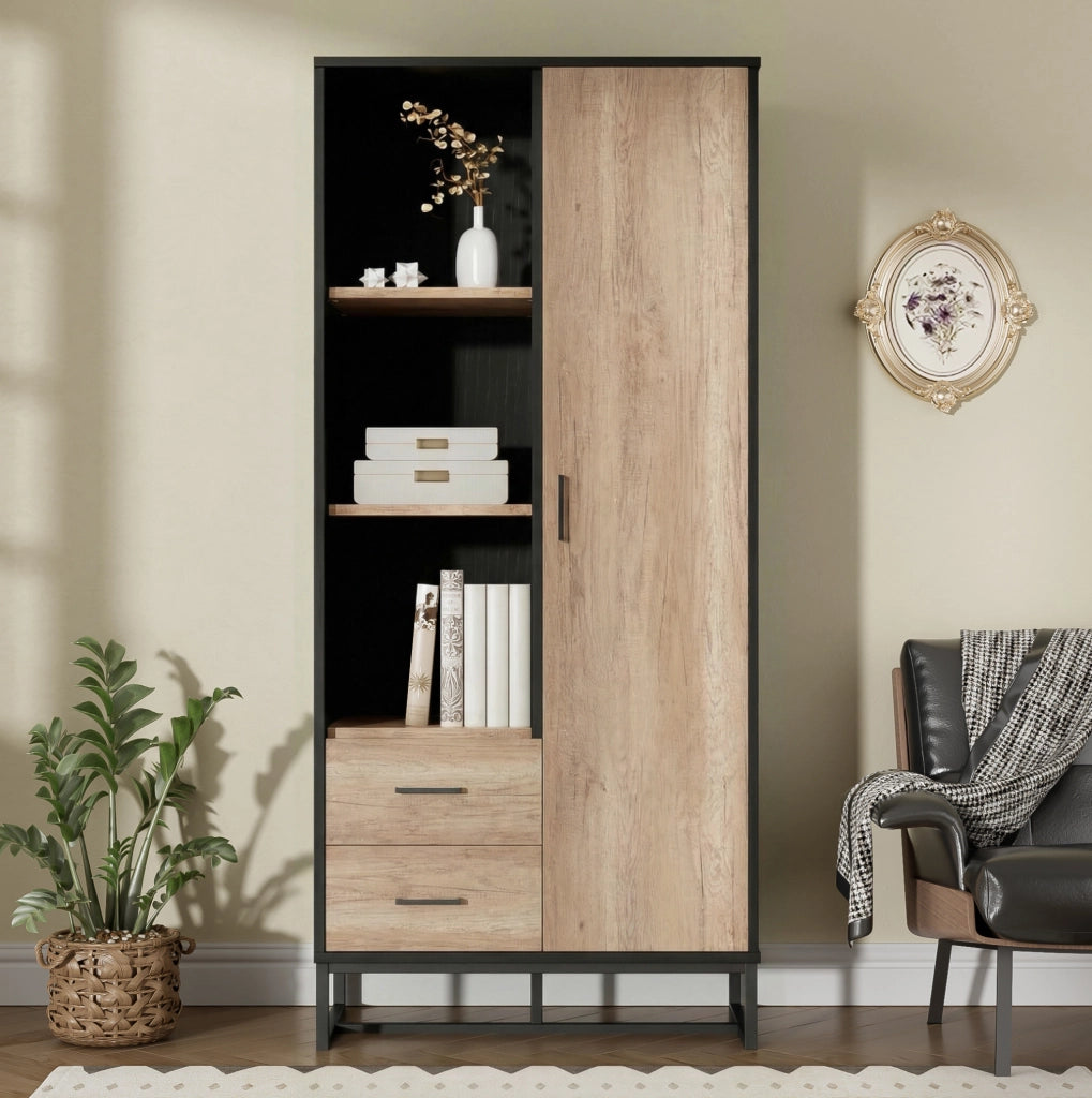 Mobile alto 80x40x180 cm con anta; 2 cassetti e 3 vani in MDF; nero e legno