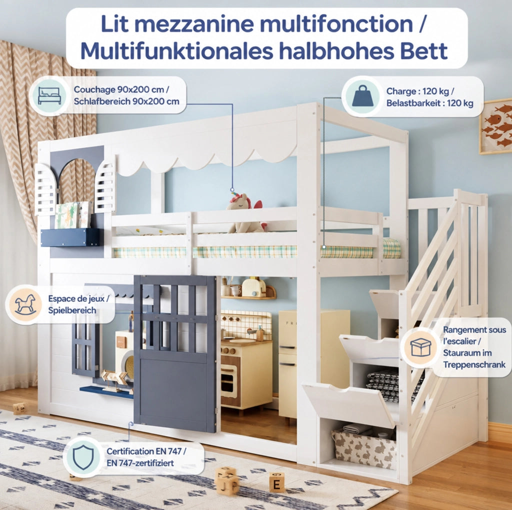 Letto a soppalco per bambini 90x200 cm a casetta bianco e blu