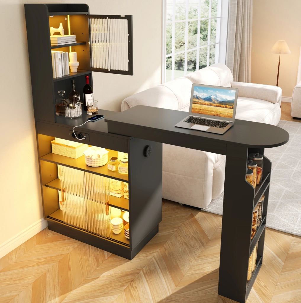 Tavolo bar allungabile con mobile contenitore, LED e prese, nero