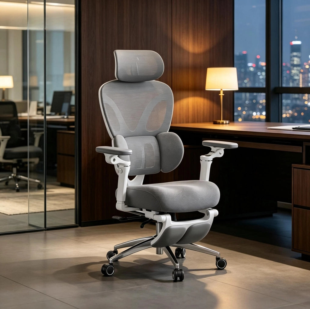 Sedia da ufficio ergonomica grigia con poggiapiedi estraibile