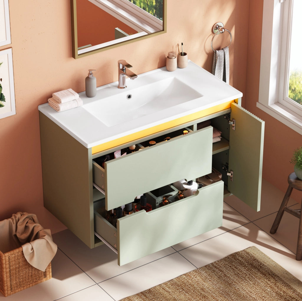 Mobile bagno sospeso 81 cm verde con lavabo in ceramica e illuminazione LED