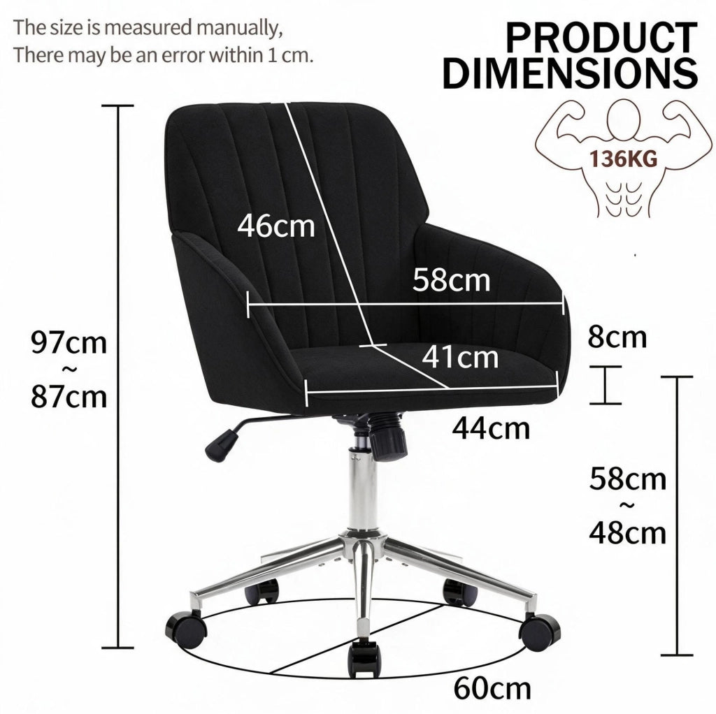 Sedia da ufficio ergonomica nera in velluto, regolabile in altezza, per smart working