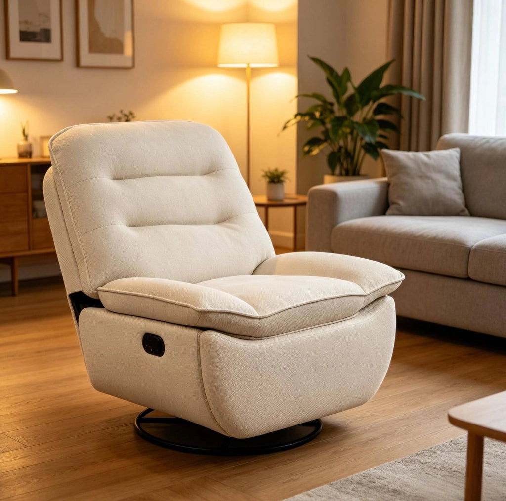 Poltrona relax girevole beige con dondolo, poggiapiedi e vano laterale