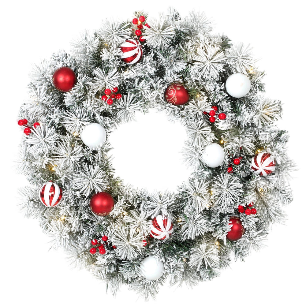 Ghirlanda Natalizia Luminosa 60 cm Verde Innevata con 50 LED 8 Modalità 140 Rami 15 Palline Decorative per Porta