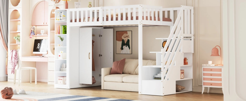 Letto a soppalco multifunzionale 90x200 cm con scala di sicurezza, armadio ampio e scaffali, bianco