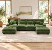 DIVANO Modulare 406x145x81 cm in Ciniglia Verde con Pouf Mobili