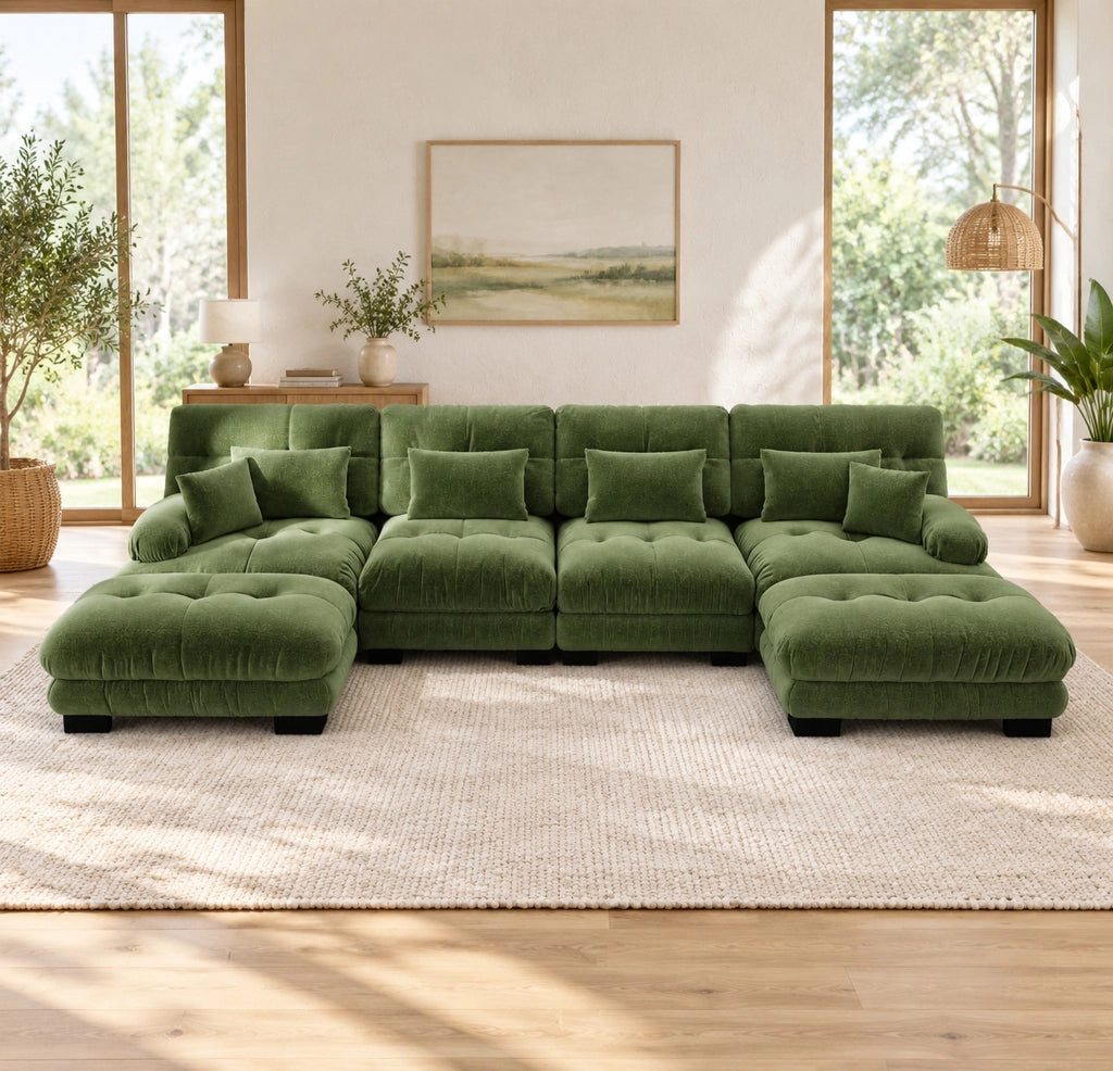 DIVANO Modulare 406x145x81 cm in Ciniglia Verde con Pouf Mobili