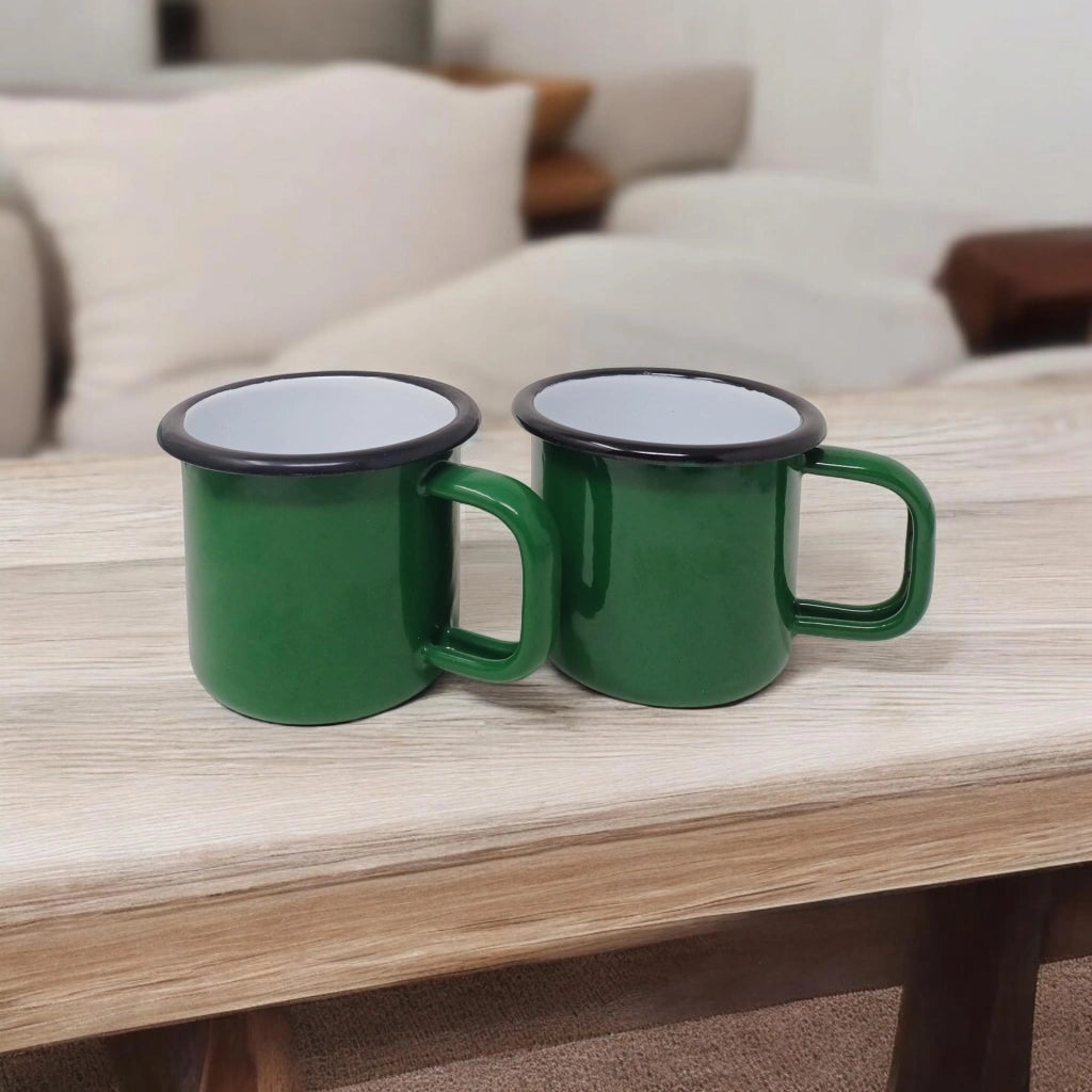 2 tazze in smalto da 250 ml, verde scuro con bordo nero