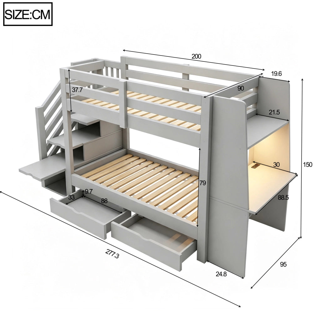 Letto a castello 90 x 200 cm grigio con scrivania, LED e cassetti