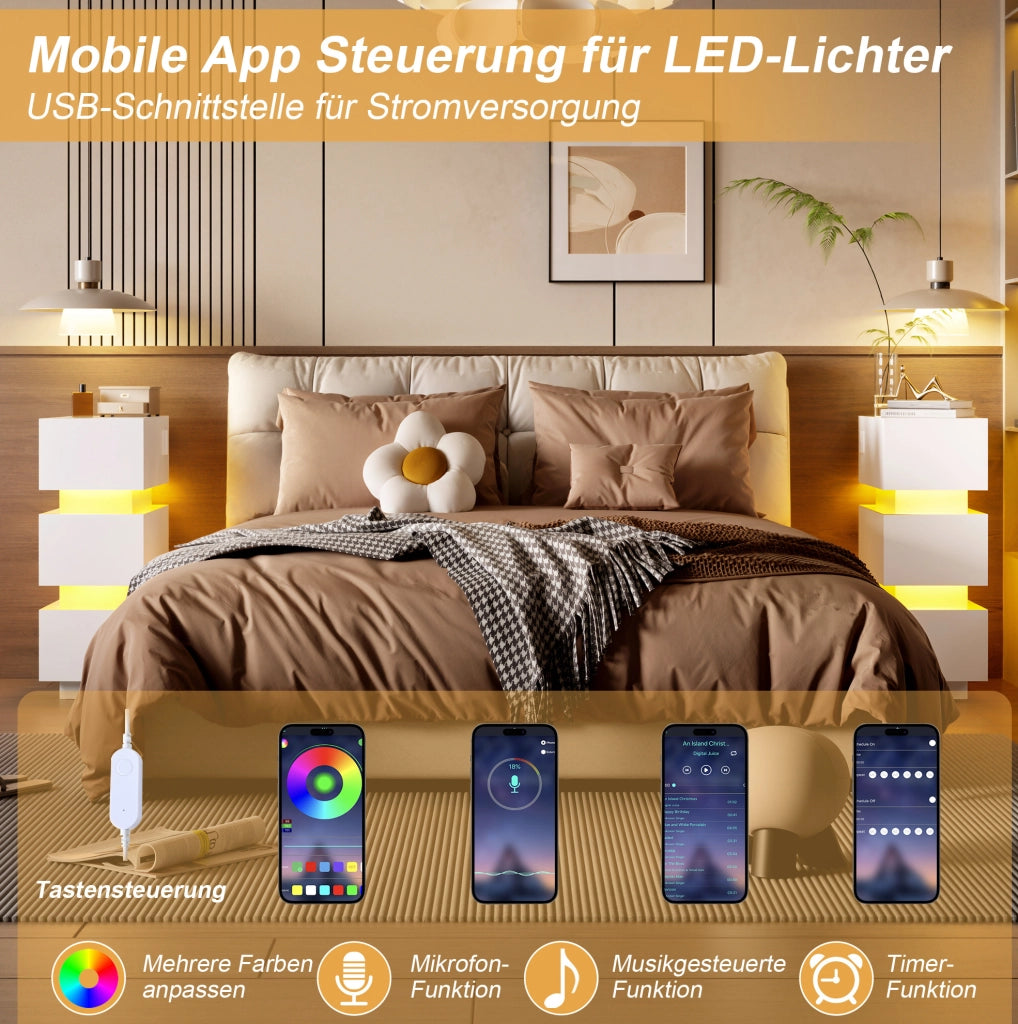 Set di 2 comodini stretti bianchi con LED, USB-C e 3 cassetti, 20x40x59,5 cm
