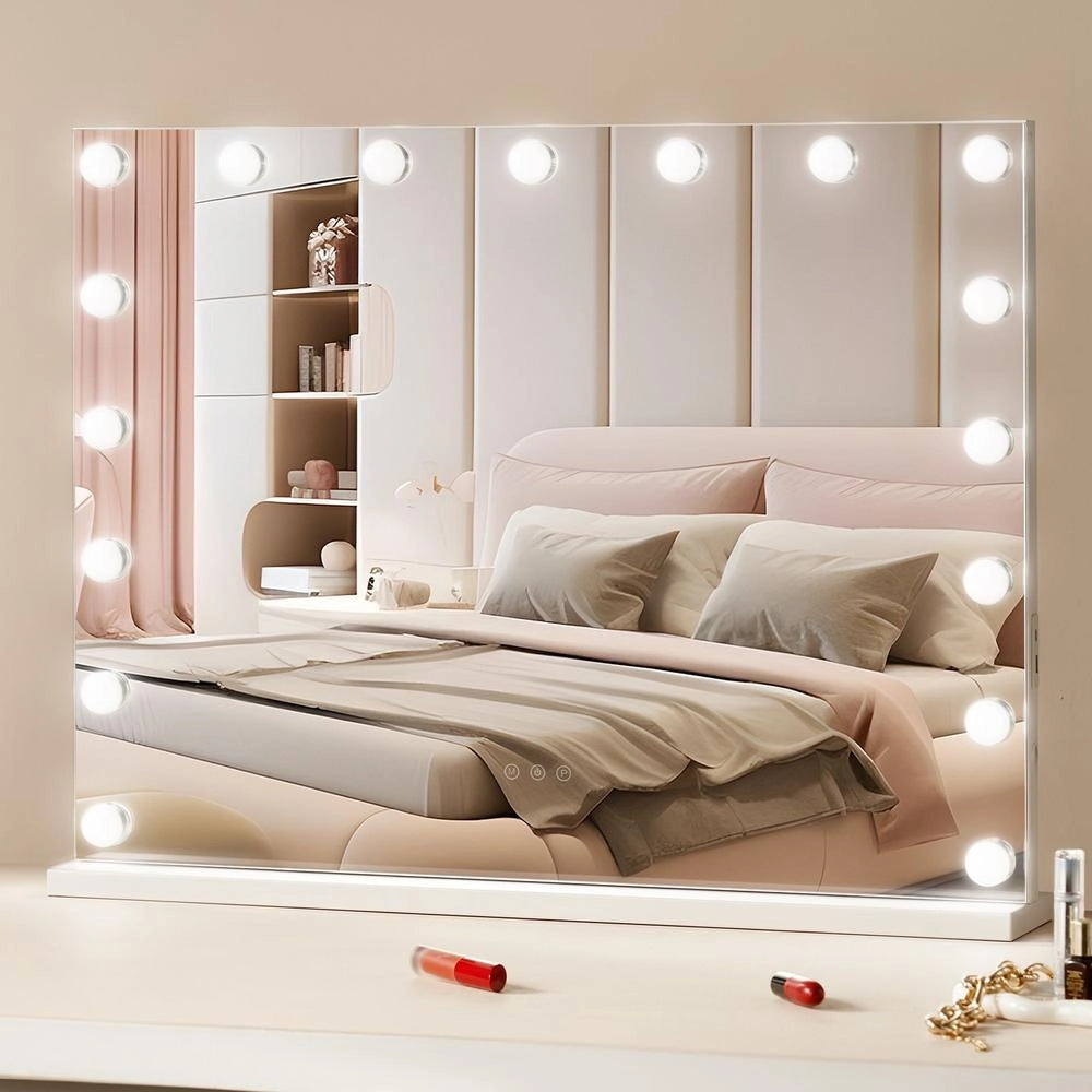 Specchio per trucco CQ8060 con lampadine LED dimmerabili USB tipo C rotazione a 360 gradi ingranditore 5X acciaio bianco 800x138x622 mm