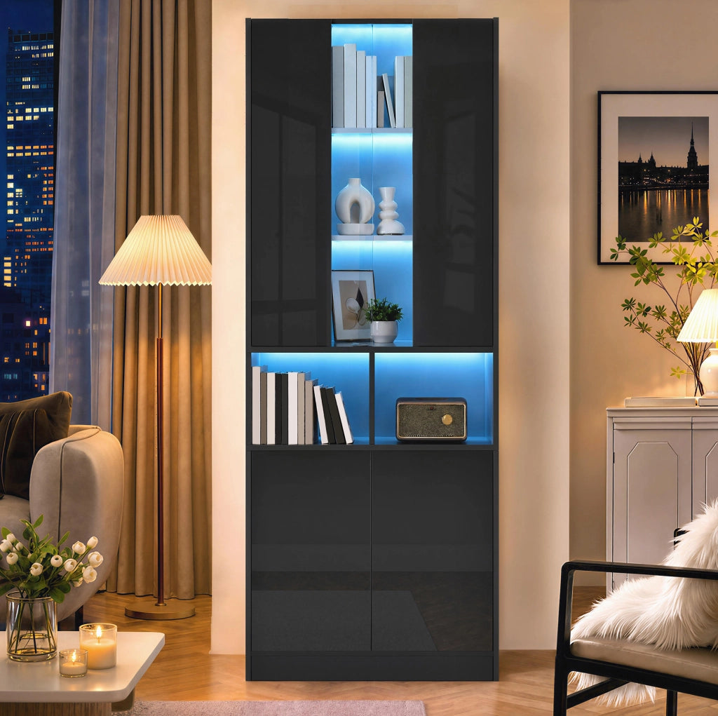 Vetrina alta 70 x 35 x 180 cm in MDF e truciolare nera, LED via app