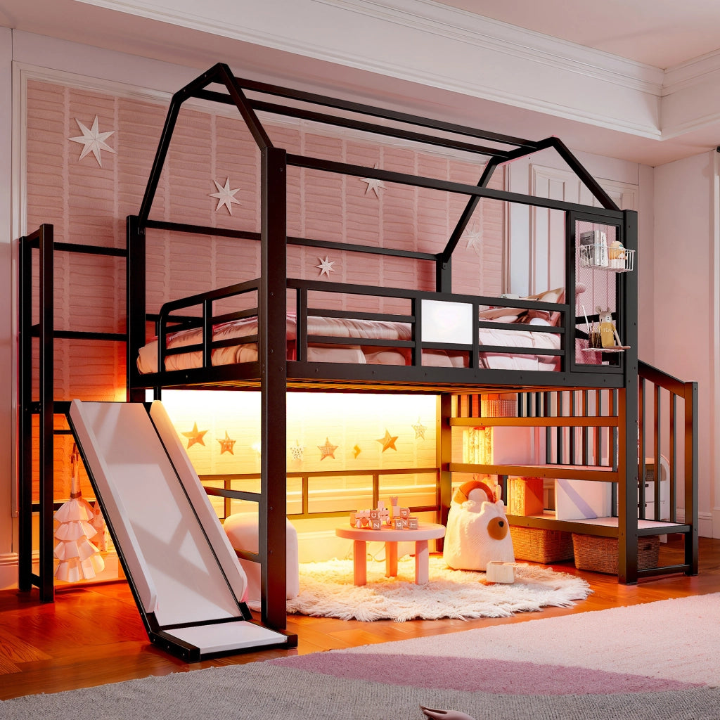 Letto a soppalco per bambini a casetta con scivolo e luci LED, nero, 140 x 200 cm