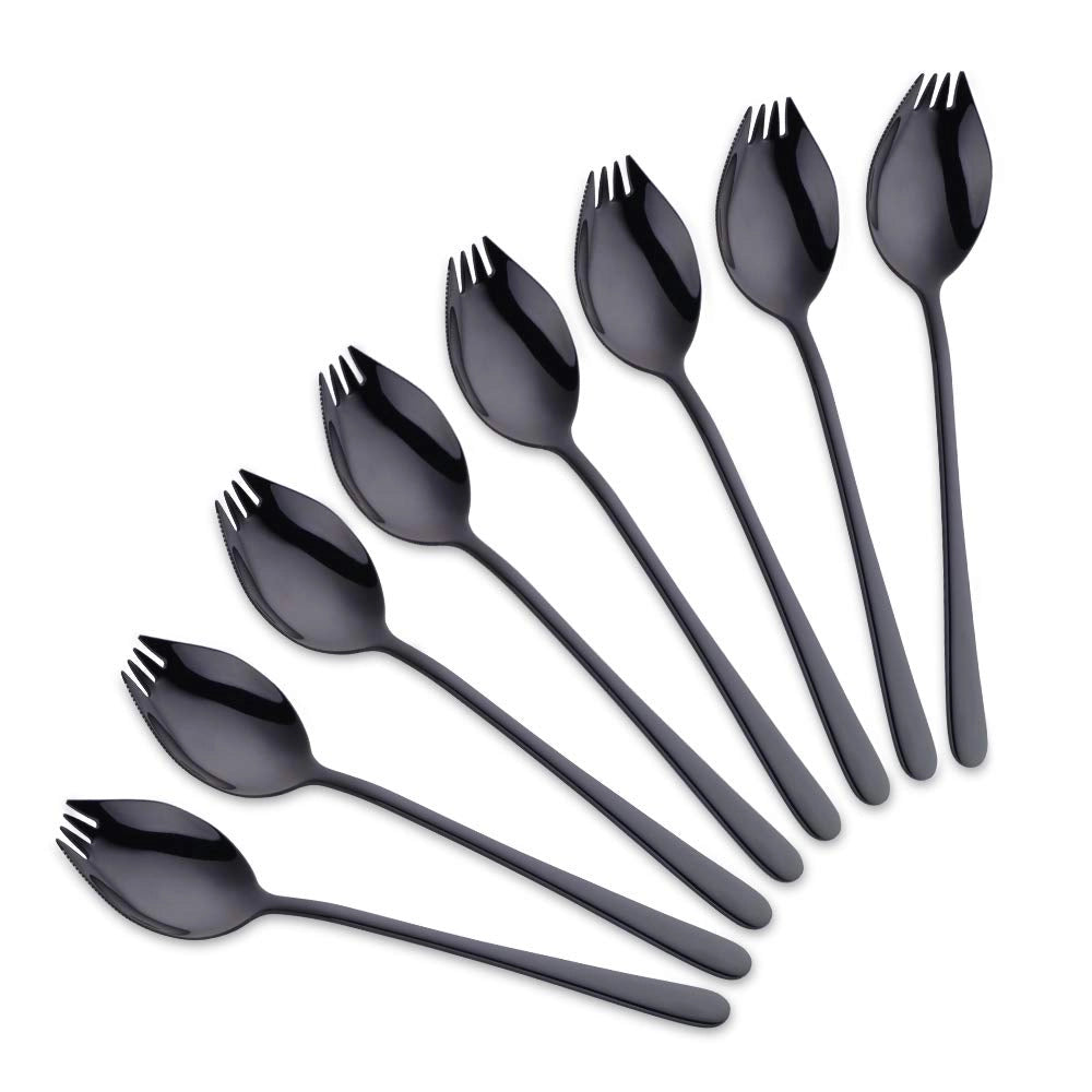 Set di 8 posate multifunzione "spork" in acciaio inossidabile 18/10, colore nero, lunghezza 19,5 cm