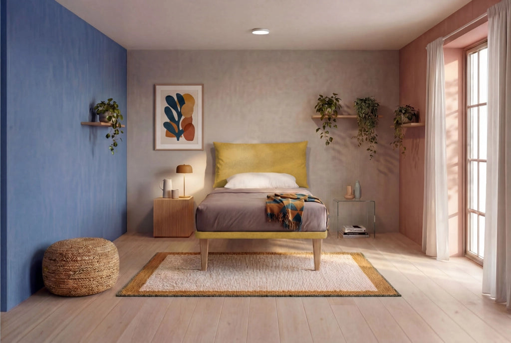 Letto 1 Piazza e Mezza con Rete Rivestita 120x200 cm Microfibra Ocra Tessis Testata Soft