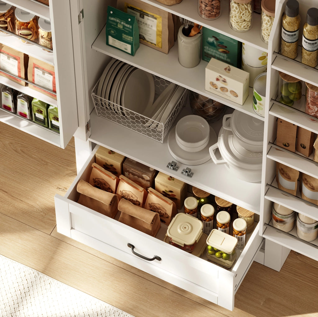 Mobile dispensa alto in MDF bianco con 2 ante e cassetto, 80x35x183 cm