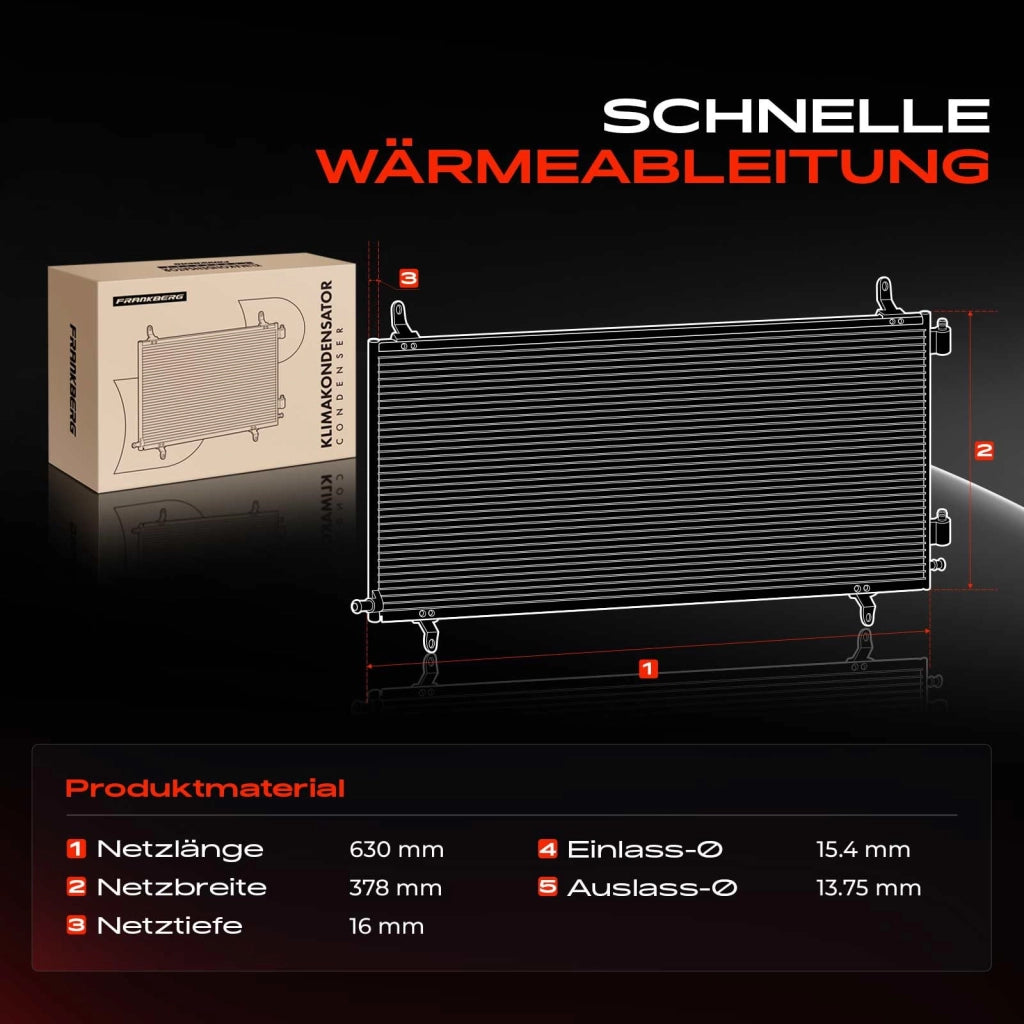 Condensatore climatizzatore compatibile con 5er E60, 6er E63/E64, 7er E65/E66/E67, 2002-2010, altezza ca. 600 mm, larghezza ca. 380 mm, spessore ca. 16 mm