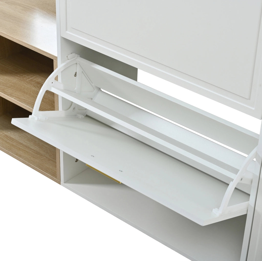 Set ingresso 4 pezzi con scarpiera, panca e specchio, bianco e naturale