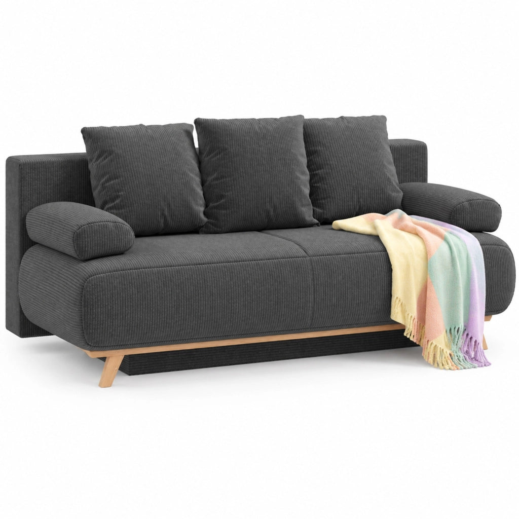 Divano letto 3 posti grigio con rivestimento a coste e vano contenitore