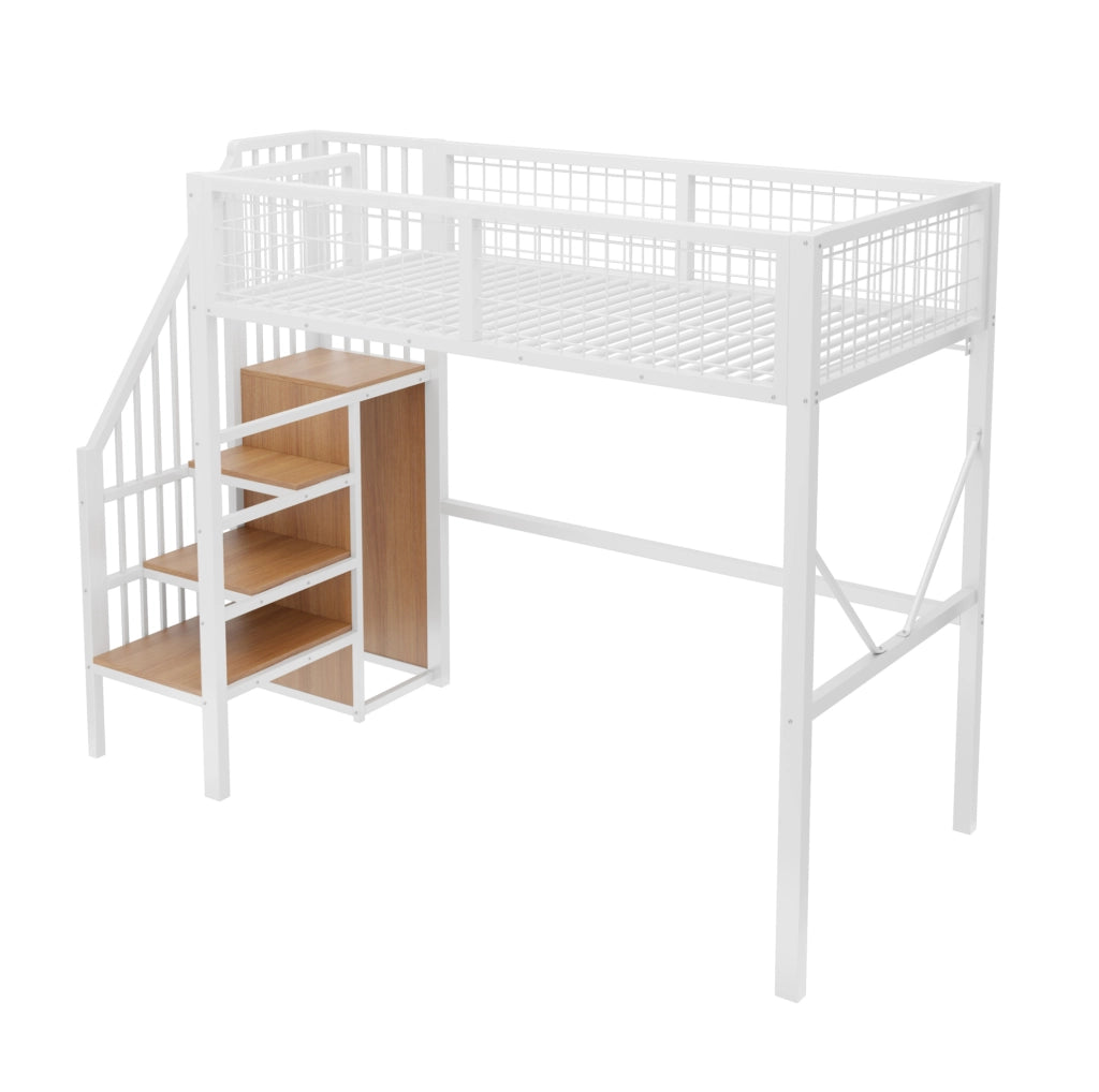 Letto a soppalco 90 x 200 cm bianco con scala contenitore e LED