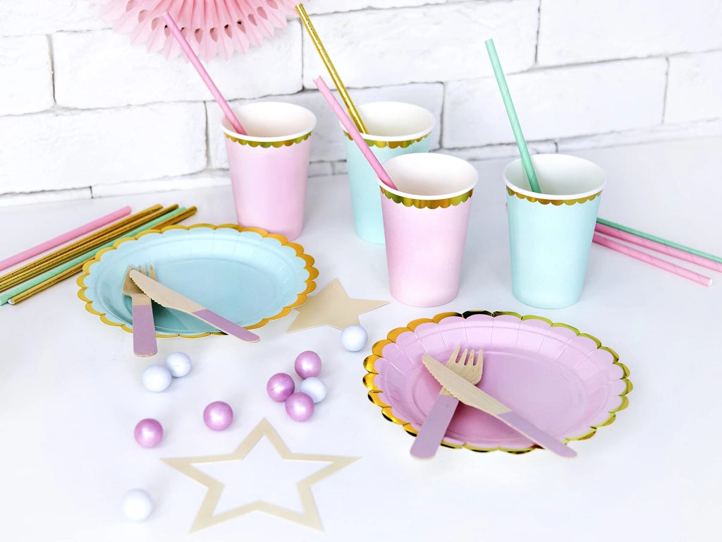 6 bicchieri di plastica rosa con bordo dorato, capacità 220 ml, monouso