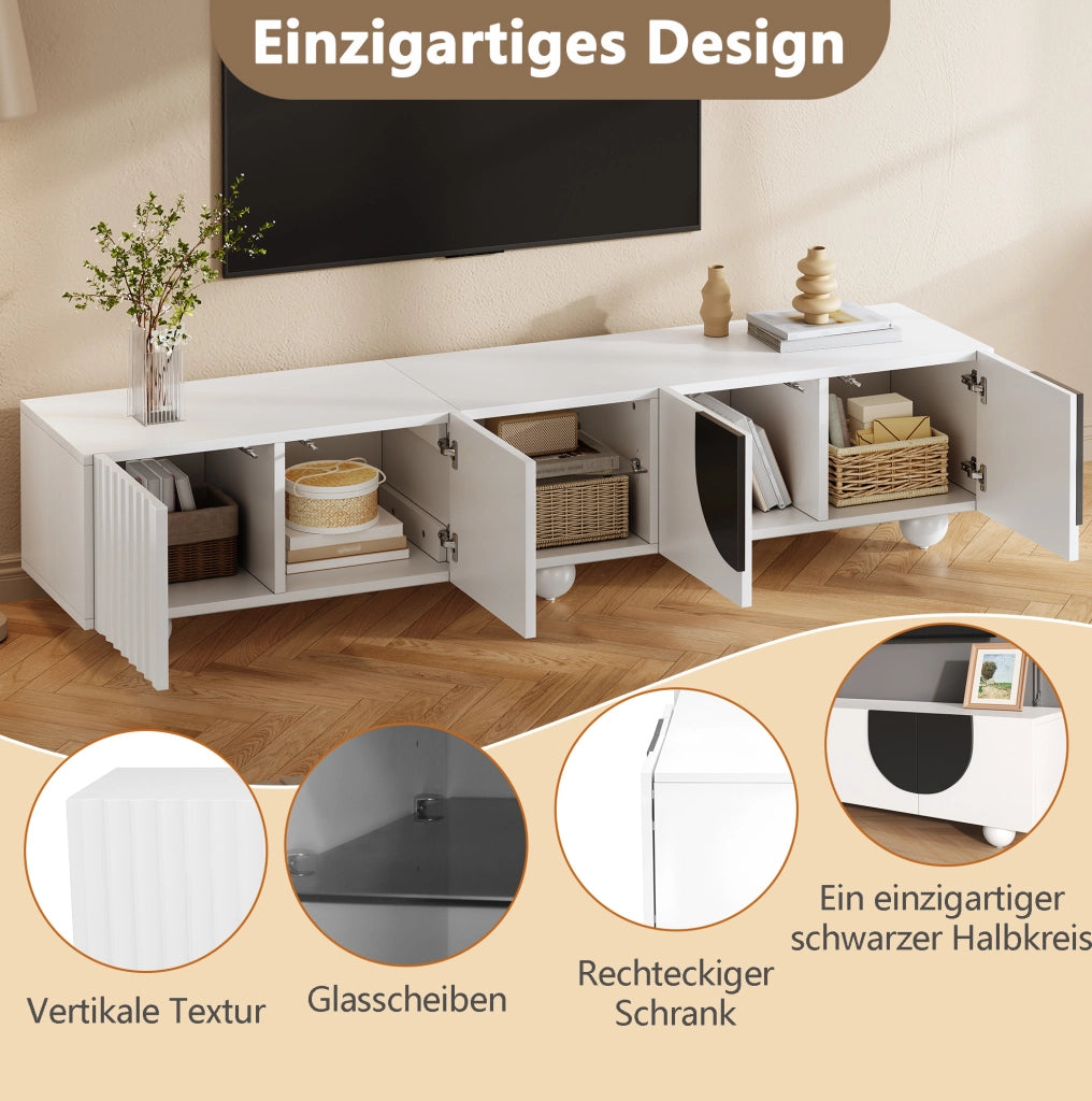 Mobile TV moderno bianco con ante push-to-open, 180x40x41,5 cm, in PB e MDF