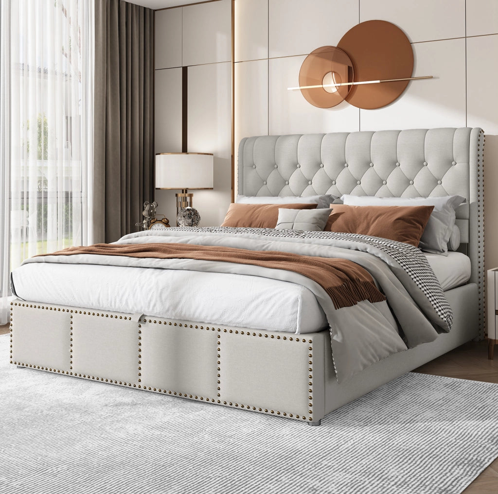 Letto in cotone e lino 140x200 cm con base a doghe, contenitore e leva idraulica, senza materasso