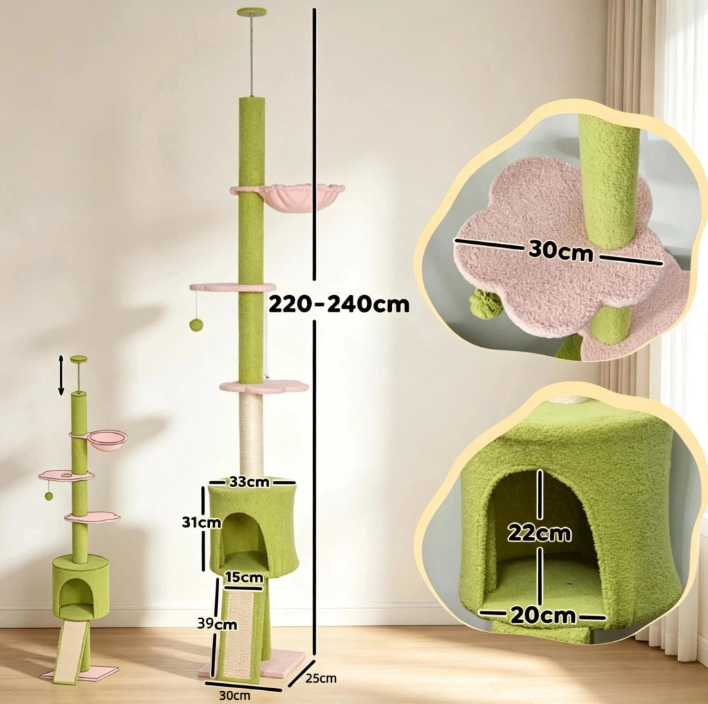 Tiragraffi per gatti da pavimento a soffitto regolabile 220-240 cm verde