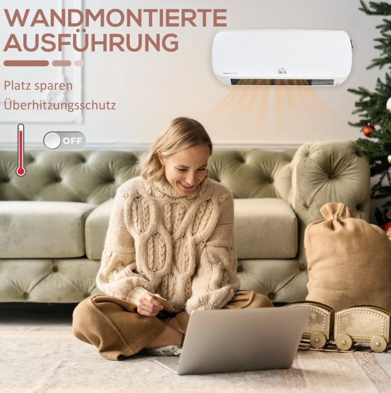 TERMOVENTILATORE da parete 2000 W con telecomando, timer 12 h, bianco