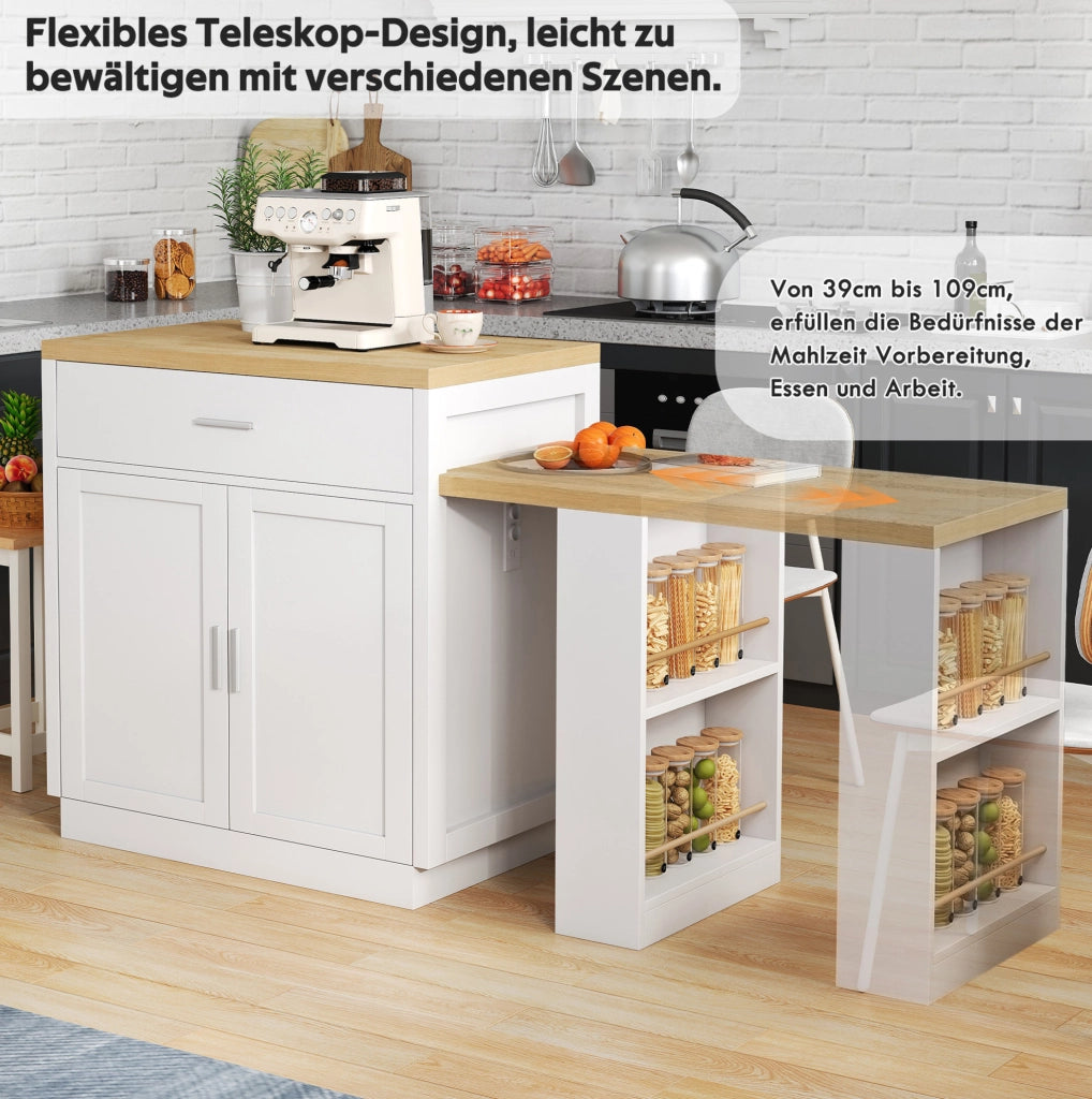 Isola cucina bianca con tavolo estraibile, prese USB e vani