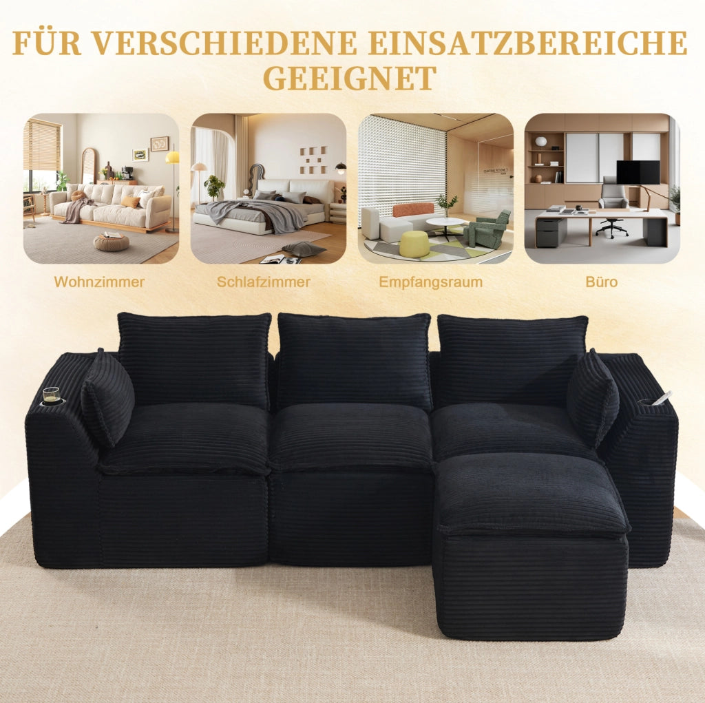 Divano modulare in velluto a coste nero con pouf, 256 cm