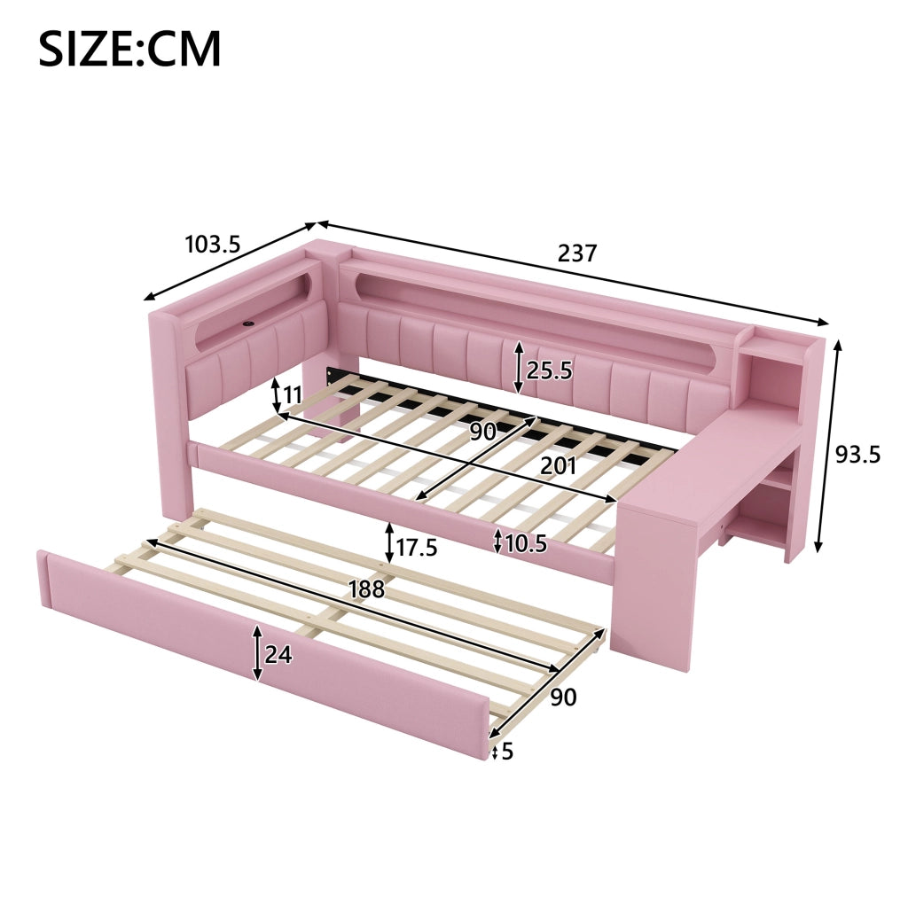 Letto singolo 90x200 cm con letto estraibile; scrivania; LED e USB; rosa