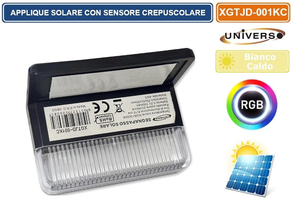 APPLIQUE LAMPADA LED DA ESTERNO CON PANNELLO SOLARE E CREPUSCOLARE COLORE LUCE 3000K + RGB