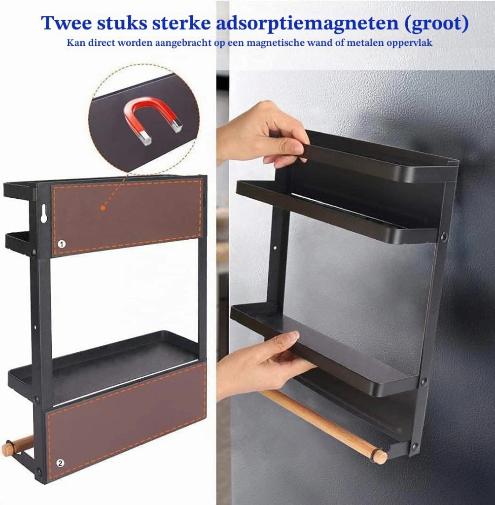 Scaffale magnetico per spezie, a 2 livelli, nero, con portarotolo di carta